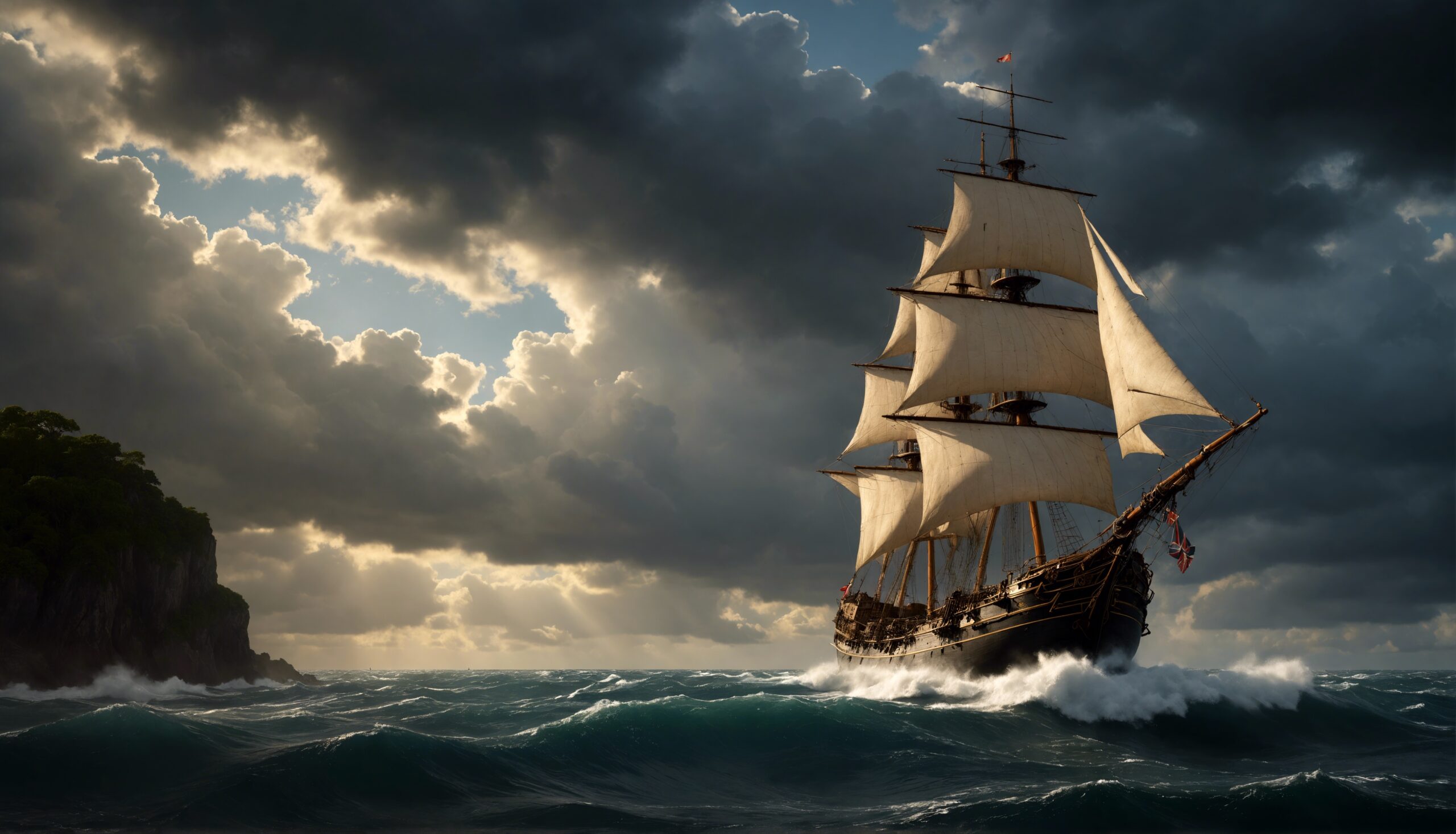 A majestic sailing ship of the colonial era is lit by a ray of sunshine through a gap in the dark storm-clouds.